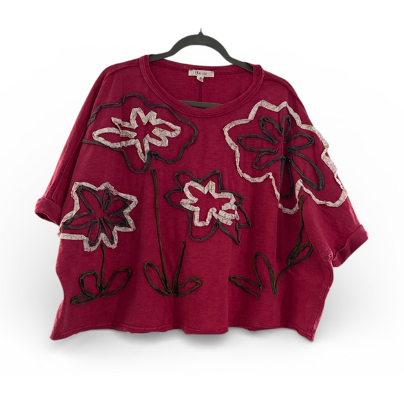 Women's Oli & Hali Pink Washed Flower Applique Short Sleeve Knit Top M - Picture 5 of 5